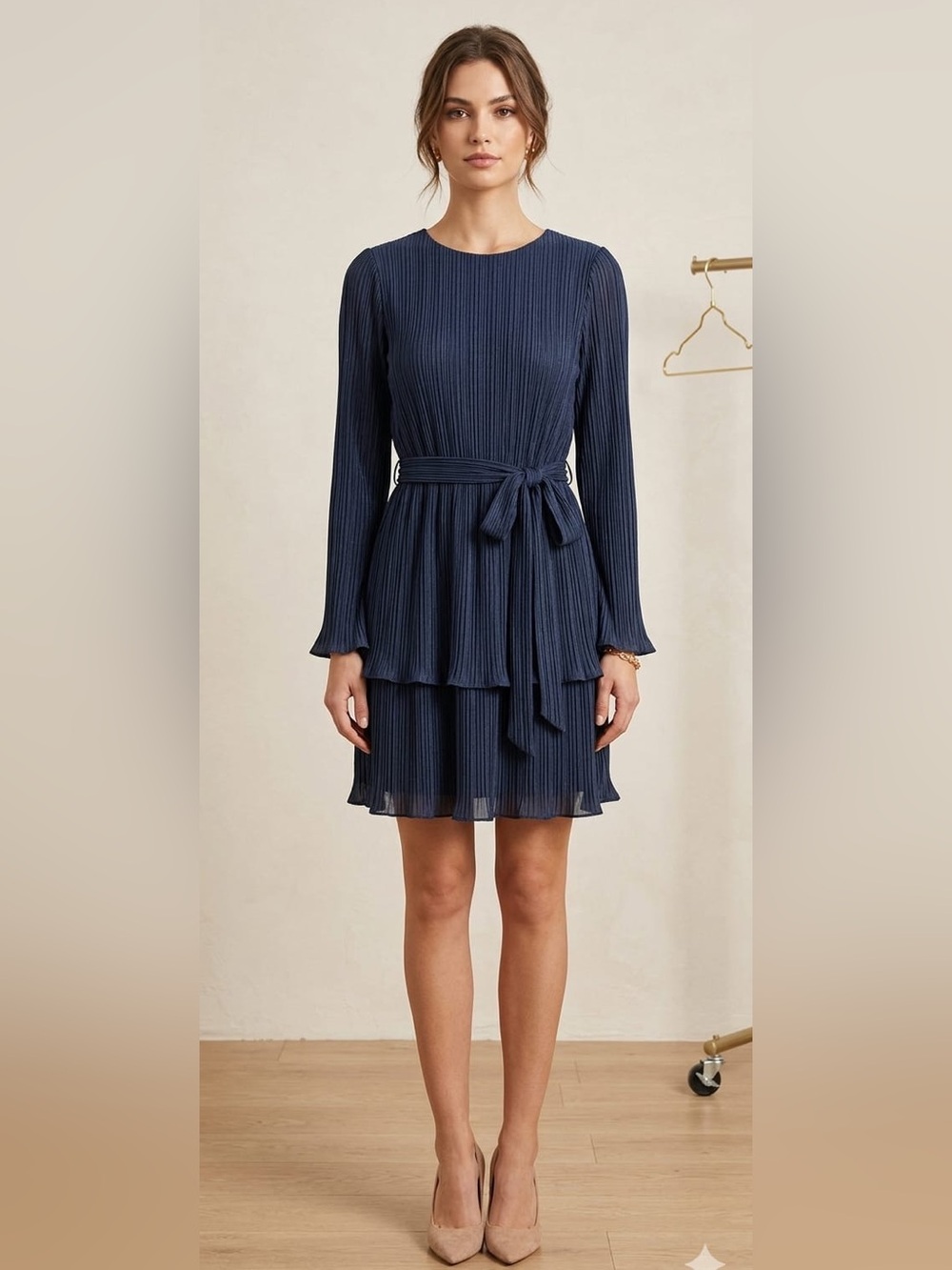 Women's Navy Long-Sleeve Pleated Tie-Waist Dress